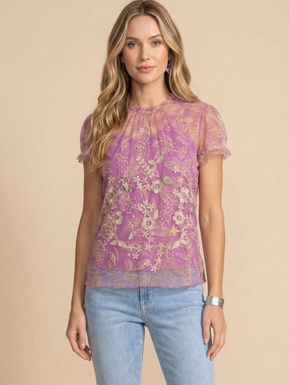 Johnny Was Mazzy Ruffle Neck Blouse Sz Large Boho Whimsy Embroidered - Picture 2 of 4